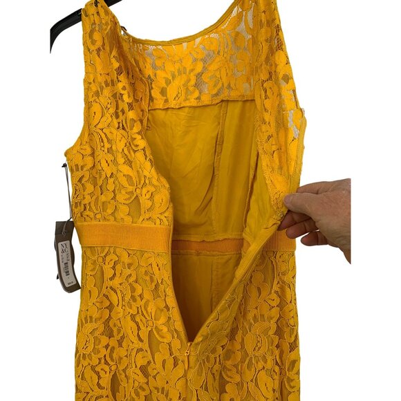 NWT Eva Mendes NY & Co 8 Mustard Lace Overlay Midi SL Dress Ruffle Hem 6828 - Picture 9 of 12